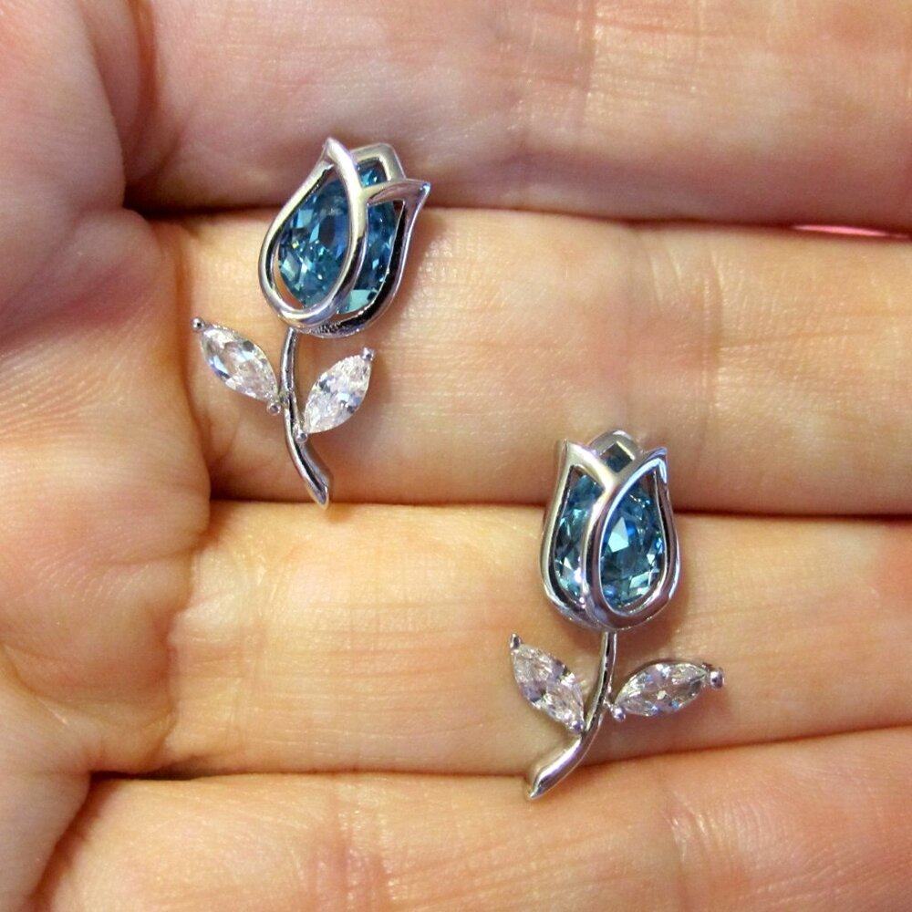 Blue Tulip Earrings Flower~Sterling Silver & Austrian Crystal~BEAUTIFUL!!